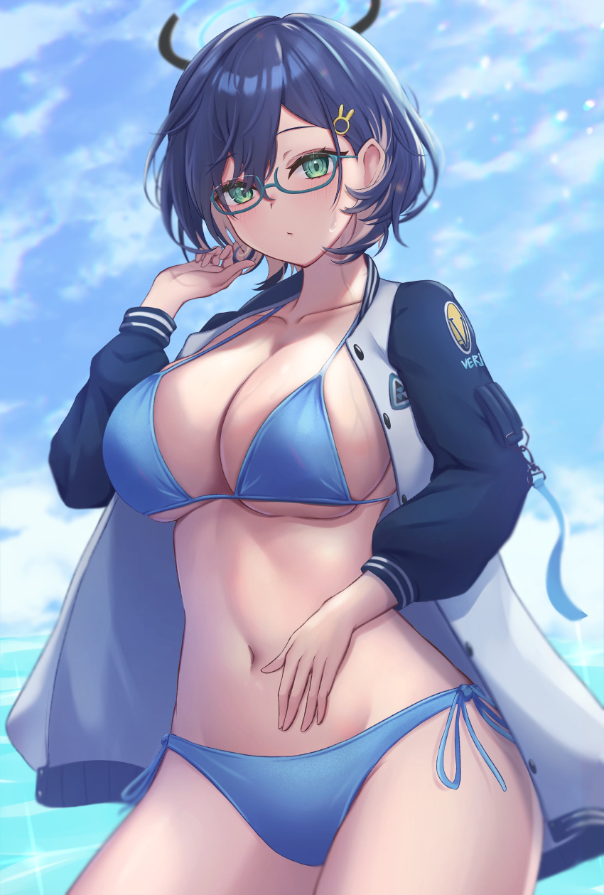 1girl absurdres aqua-framed_eyewear bikini blue_archive blue_bikini blue_hair blush breasts chihiro_(blue_archive) cleavage closed_mouth collarbone commentary glasses green_eyes hair_ornament halo halterneck hand_in_own_hair hand_on_own_stomach highres jacket large_breasts long_sleeves looking_at_viewer navel neko_punch_(user_hddm3373) open_clothes open_jacket outdoors rabbit_hair_ornament semi-rimless_eyewear short_hair side-tie_bikini_bottom solo stomach swimsuit under-rim_eyewear