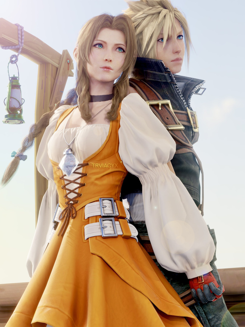 1boy 1girl aerith_gainsborough blonde_hair blue_eyes blue_sky braid braided_ponytail brown_hair choker cloud_strife corset cosplay dark_blue_gloves diamond_(gemstone) dress final_fantasy final_fantasy_ix final_fantasy_vii final_fantasy_vii_remake frilled_sleeves frills garnet_til_alexandros_xvii garnet_til_alexandros_xvii_(cosplay) gloves green_eyes high_collar highres holding_hands jewelry lamp lamppost leather_belt leather_vest orange_dress pendant red_gloves sky spiked_hair trivia_cyx zidane_tribal zidane_tribal_(cosplay)