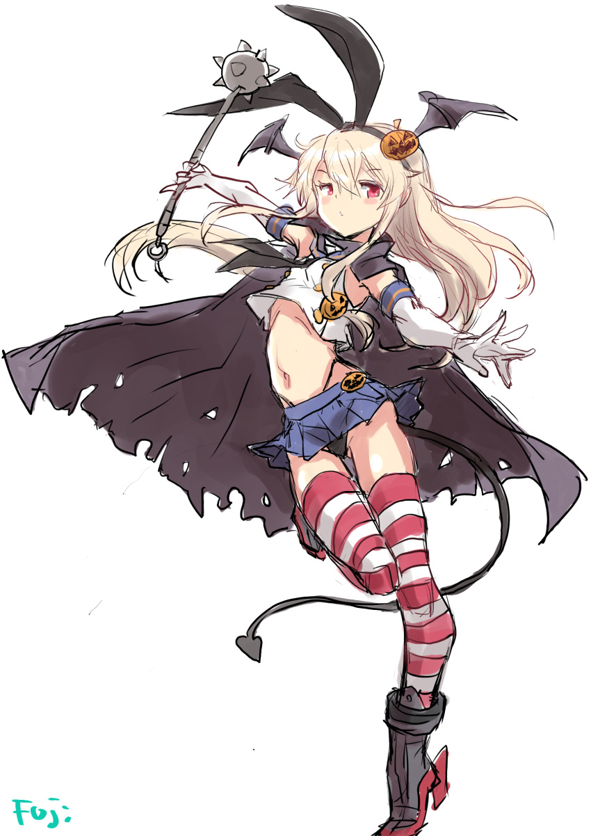 1girl bat_wings black_hairband black_neckerchief black_panties blonde_hair blue_sailor_collar blue_skirt cape crop_top demon_girl demon_tail elbow_gloves fuji_(pixiv24804665) gloves grey_cape hairband head_wings highleg highleg_panties highres holding_mace kantai_collection long_hair looking_at_viewer mace microskirt miniskirt neckerchief panties pleated_skirt red_eyes sailor_collar shimakaze_(kancolle) shirt simple_background skirt sleeveless sleeveless_shirt solo spiked_mace spikes striped striped_thighhighs tail thighhighs underwear weapon white_background white_gloves wings