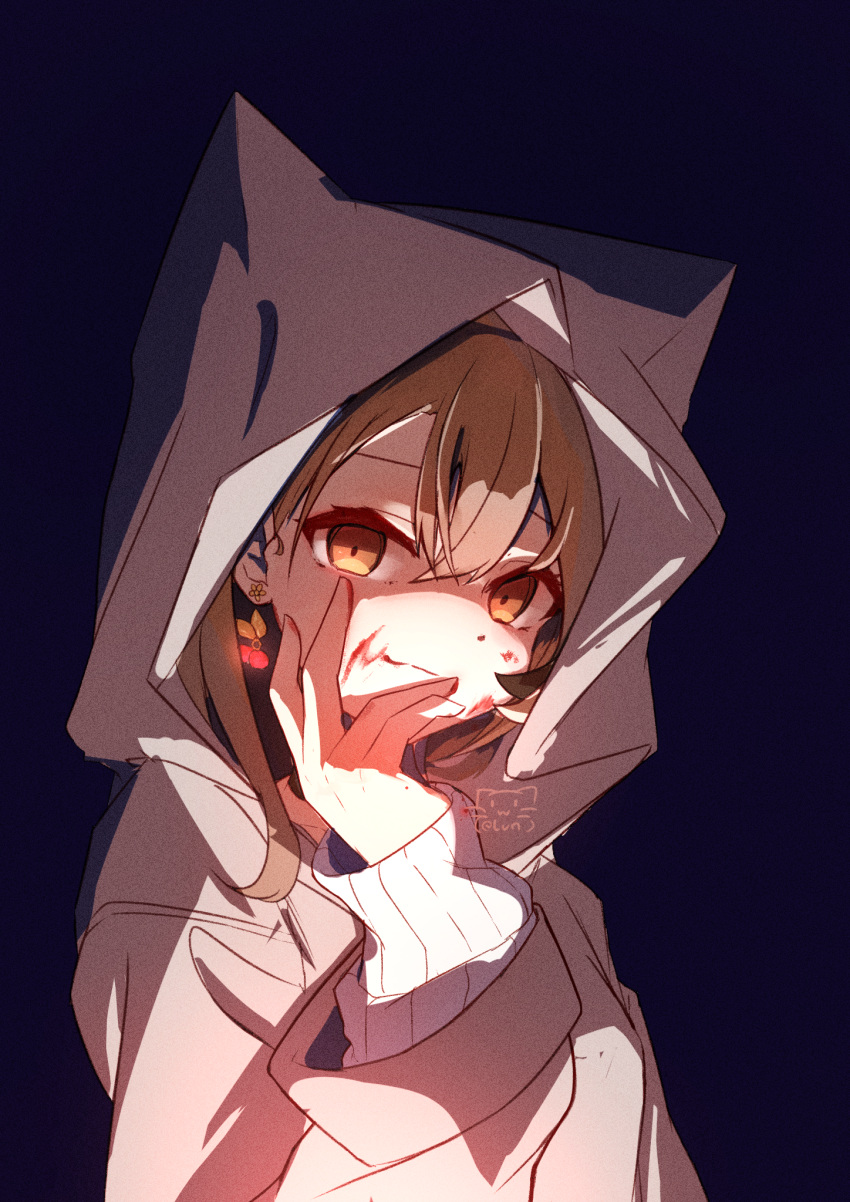 1girl ambiguous_red_liquid animal_hood berry black_choker blood blood_on_face brown_eyes brown_hair brown_hoodie choker crossed_bangs dark earrings ears_through_headwear elun_(elun_00) empty_eyes food-themed_earrings highres hololive hololive_english hood hood_up hoodie jewelry long_hair looking_at_viewer multicolored_hair nanashi_mumei nanashi_mumei_(3rd_costume) official_alternate_costume oversized_clothes shaded_face sleeves_past_wrists smile solo streaked_hair sweater underlighting virtual_youtuber white_sweater
