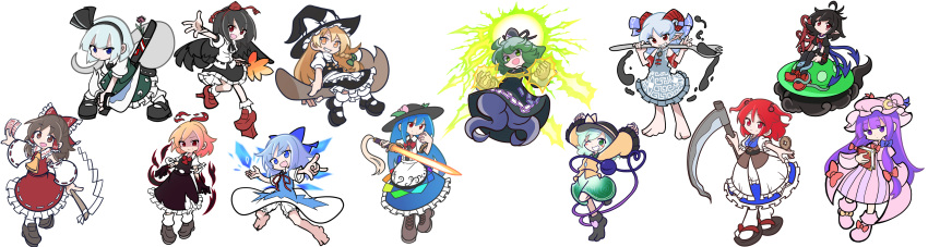 6+girls :d ;d absurdres arms_up ascot asymmetrical_wings barefoot bird_wings black_dress black_footwear black_hair black_hairband black_headwear black_skirt black_thighhighs black_vest black_wings blonde_hair bloomers blue_bow blue_dress blue_eyes blue_hair blue_ribbon blue_skirt blue_wings blunt_bangs blush_stickers book bow bowtie braid broom broom_riding brown_eyes brown_footwear brown_hair center_frills cirno closed_mouth coin collared_shirt commentary_request crescent crescent_hat_ornament cross-laced_clothes curled_horns darkness detached_wings dress earrings ex-rumia flower food footwear_bow frilled_skirt frills fruit full_body geta ghost ghost_tail gohei green_dress green_hair green_skirt green_vest grey_footwear grey_hair hair_bow hair_tubes hairband hakurei_reimu halo hand_fan hat hat_bow hat_ornament hat_ribbon hauchiwa heart heart_of_string highres hinanawi_tenshi holding holding_book holding_spork holding_sword holding_weapon horizontal_pupils horn_ornament horn_ribbon horns houjuu_nue ice ice_wings jewelry kirisame_marisa komeiji_koishi konpaku_youmu konpaku_youmu_(ghost) leaf light_blue_hair light_green_hair lightning long_hair long_sleeves looking_at_viewer medium_hair messy_hair mob_cap multiple_girls obi ofuda ofuda_on_clothes one_eye_closed onozuka_komachi open_mouth parody patchouli_knowledge peach pink_dress pink_footwear pink_headwear pointy_ears purple_eyes purple_hair puyopuyo red_ascot red_bow red_bowtie red_eyes red_footwear red_hair red_headwear red_horns red_shirt red_skirt red_wings ribbon ribbon-trimmed_skirt ribbon-trimmed_sleeves ribbon_trim rumia sash shaded_face shameimaru_aya sheep_horns shide shinmon_akika shirt short_hair short_sleeves side_braid sidelocks simple_background single_braid skirt smile socks soga_no_tojiko spork standing standing_on_one_leg striped striped_dress style_parody sword sword_of_hisou tengu-geta thighhighs third_eye torn_clothes torn_sleeves touhou toutetsu_yuuma turtleneck two_side_up ufo underwear v-shaped_eyebrows vertical-striped_dress vertical_stripes vest weapon white_background white_bow white_shirt white_socks wings witch_hat yellow_ascot yellow_bow yellow_eyes yellow_ribbon yellow_shirt