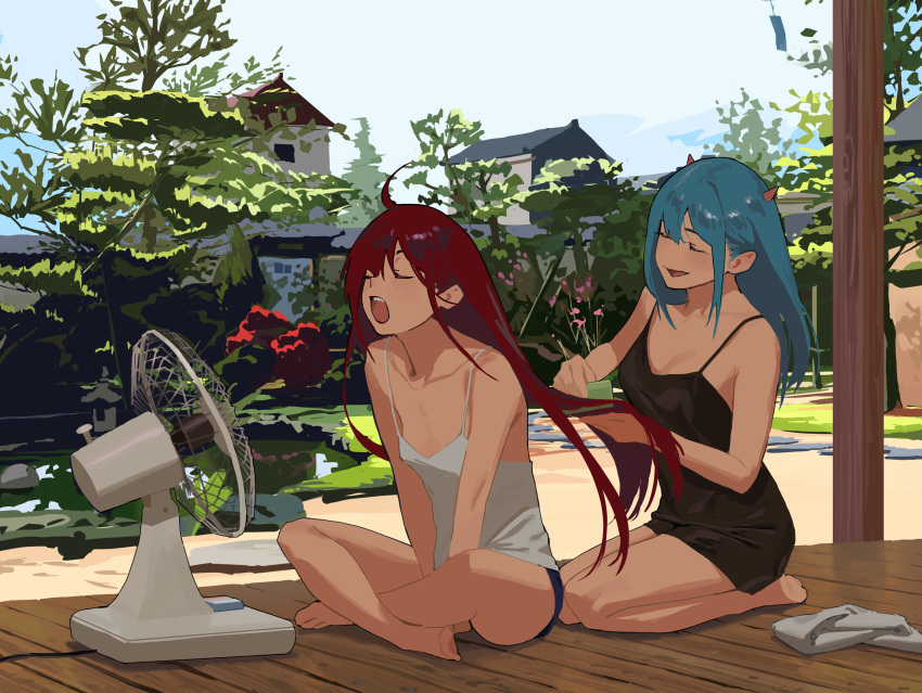 2girls black_shorts blue_hair brushing_another's_hair brushing_hair camisole closed_eyes crossed_legs day electric_fan highres hipa_(some1else45) long_hair multiple_girls nahia_(some1else45) open_mouth original outdoors short_shorts shorts sleeveless smile some1else45 tank_top teeth upper_teeth_only
