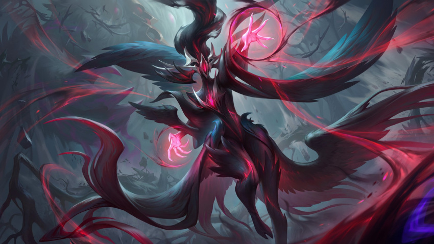 1girl arm_up black_hair claws coven_janna feathered_wings fingernails foot_out_of_frame glowing glowing_eyes highres janna_(league_of_legends) league_of_legends legends_of_runeterra long_hair magic multicolored_hair official_alternate_costume official_art one-eyed red_hair sharp_fingernails solo two-tone_hair wings