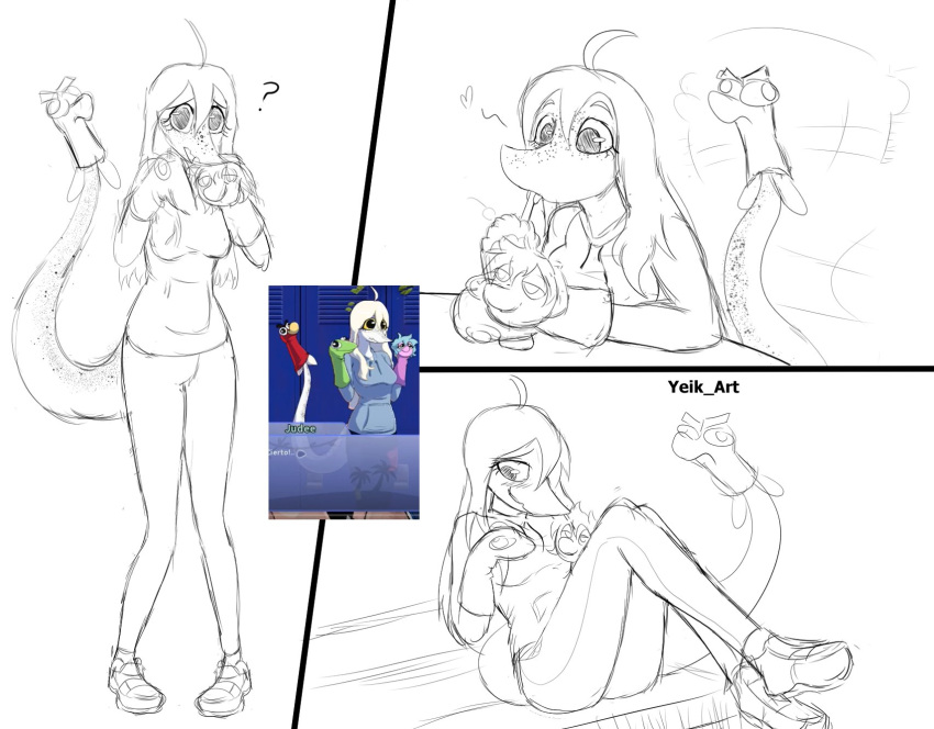 &lt;3 anthro beverage black_and_white bottomwear breasts clothed clothing comic container cup dinosaur drinking footwear hair half-closed_eyes hand_puppet hi_res hoodie judee looking_at_viewer male monochrome narrowed_eyes pants plantigrade puppet reptile scalie screencap shoes smile snoot_game snout solo straw tail tail_motion tailwag topwear yeik_art