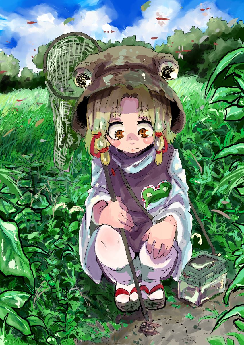 1girl absurdres animal_print ant blonde_hair blue_sky blush_stickers brown_eyes brown_headwear bug butterfly_net closed_mouth cloud cloudy_sky cross-shaped_pupils day dragonfly frog_print full_body grass hair_ribbon hand_net highres holding holding_butterfly_net insect_cage inuyama_konan long_sleeves looking_down moriya_suwako nature outdoors parted_bangs plant purple_vest red_ribbon ribbon shirt short_hair sky socks solo squatting summer symbol-shaped_pupils tabi thick_eyebrows thighhighs touhou turtleneck vest white_shirt white_socks wide_sleeves zouri
