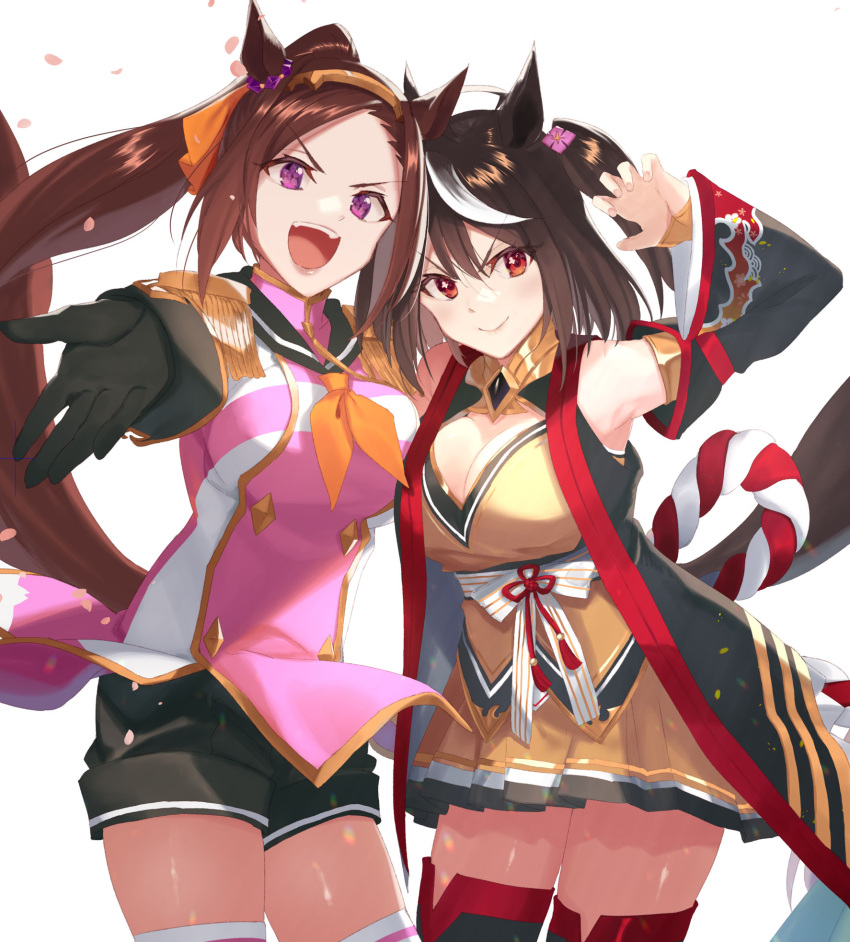 2girls :d animal_ears black_gloves black_hair black_shorts black_sleeves black_thighhighs breasts brown_hair brown_skirt cleavage closed_mouth commentary_request detached_sleeves epaulettes gloves high_ponytail highres horse_ears horse_girl horse_tail jacket kabocha_(monkey4) kitasan_black_(umamusume) long_hair long_sleeves medium_breasts multicolored_hair multiple_girls outstretched_arm pink_jacket pleated_skirt ponytail purple_eyes red_eyes sakura_bakushin_o_(umamusume) short_shorts shorts simple_background skirt smile streaked_hair swept_bangs tail thighhighs umamusume very_long_hair white_background white_hair wide_sleeves