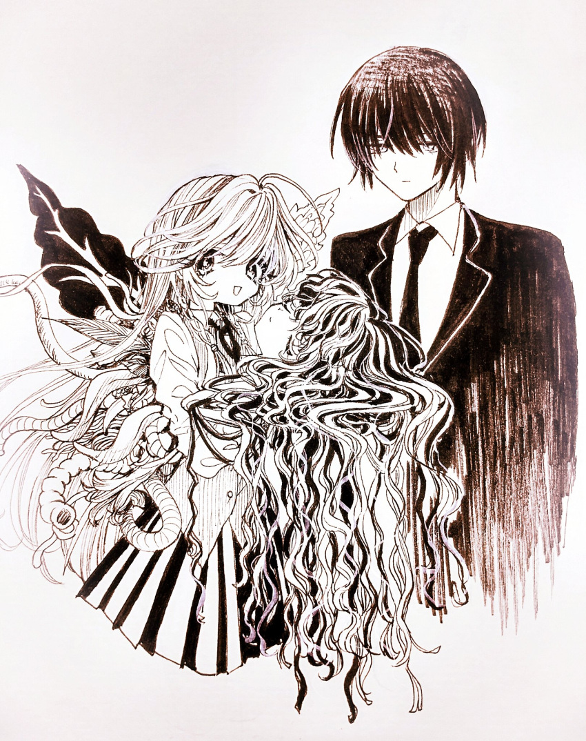 1boy 2girls angel_wings aya_carmine body_horror braid collared_shirt cropped_torso crossover expressionless flower_wings for_elise_-_elise_no_tame_ni formal greyscale hair_between_eyes highres hitomi_hirosuke_(sayonara_wo_oshiete) holding_another's_head leaf_wings long_hair looking_at_viewer millipen_(medium) mismatched_wings monochrome multiple_girls neck_ribbon necktie open_mouth plant_wings pleated_skirt ribbon sayonara_wo_oshiete school_uniform severed_head shirt side_braids simple_background skirt smile sugamo_mutsuki suit traditional_media very_long_hair vest wavy_hair wings