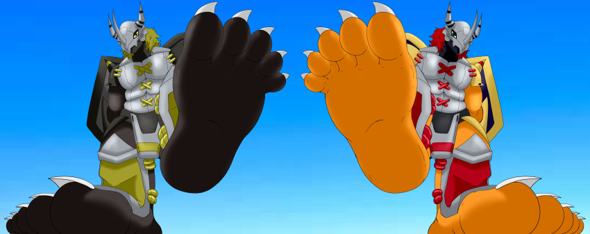 5_toes absurd_res bandai_namco blackwargreymon digimon digimon_(species) duo feet hi_res humanoid humanoid_feet icarozilla macro male plantigrade soles stomping toes wargreymon