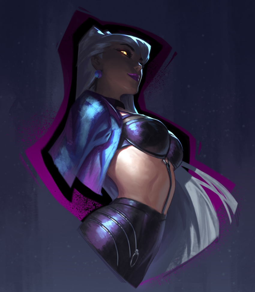 1girl asymmetrical_bangs between_breasts black_choker black_skirt blue_jacket breasts choker cone_hair_bun cropped_jacket dark_background demon demon_girl drop_earrings earrings evelynn_(league_of_legends) evil_smile from_side glowing glowing_eye hair_bun highres jacket jeremy_anninos jewelry league_of_legends long_hair medium_breasts o-ring open_clothes open_jacket revealing_clothes sideways_glance skirt smile solo strap_between_breasts the_baddest_evelynn upper_body very_long_hair white_hair