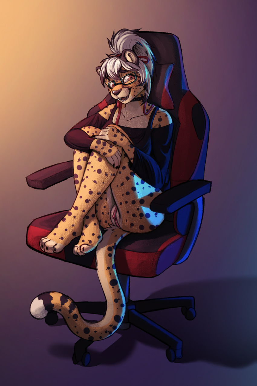 anthro bottomless chair cheetah clothed clothing crossed_legs eyewear felid feline female fur furniture gaming_chair genitals glasses hair hi_res mammal nootkep on_chair open_mouth partially_clothed pussy rectangular_glasses sitting sitting_on_chair smile solo spots spotted_body spotted_fur topwear white_hair yellow_body yellow_fur