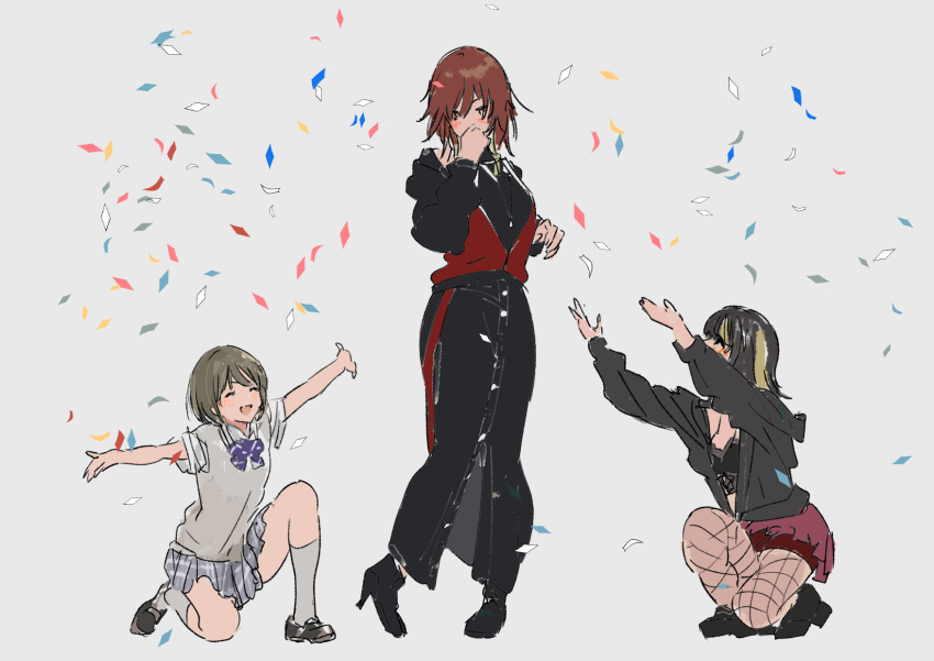 3girls aketa_mikoto black_camisole black_dress black_hair black_jacket blonde_hair blush bow bowtie brown_hair camisole commentary_request confetti covering_mouth crop_top dress fishnet_pantyhose fishnets full_body green_hair grey_background grey_skirt grey_socks grey_sweater_vest hand_to_own_mouth heel_up high_heels highres idolmaster idolmaster_shiny_colors ikaruga_luca jacket kakeami kneehighs loafers long_sleeves looking_down multicolored_hair multiple_girls nanakusa_nichika off_shoulder on_one_knee open_clothes open_jacket pantyhose pigeon-toed pink_skirt plaid plaid_skirt purple_bow purple_bowtie school_uniform shirt shoes short_sleeves simple_background skirt socks streaked_hair sweater_vest throwing_confetti white_shirt