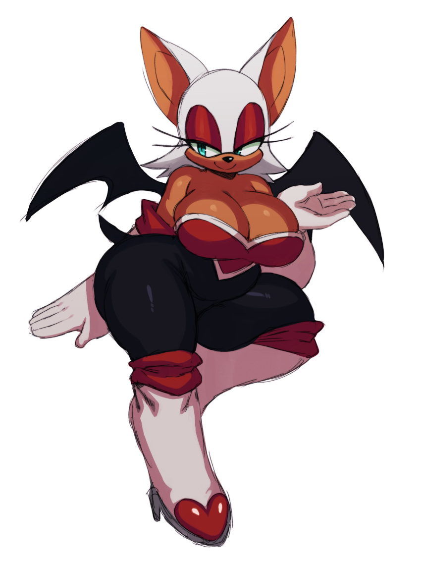 2023 absurd_res anthro bat bat_wings big_breasts breasts cleavage clothed clothing female hair hi_res mammal membrane_(anatomy) membranous_wings rouge_the_bat sega simple_background solo sonic_the_hedgehog_(series) sssonic2 thick_thighs white_background white_hair wings