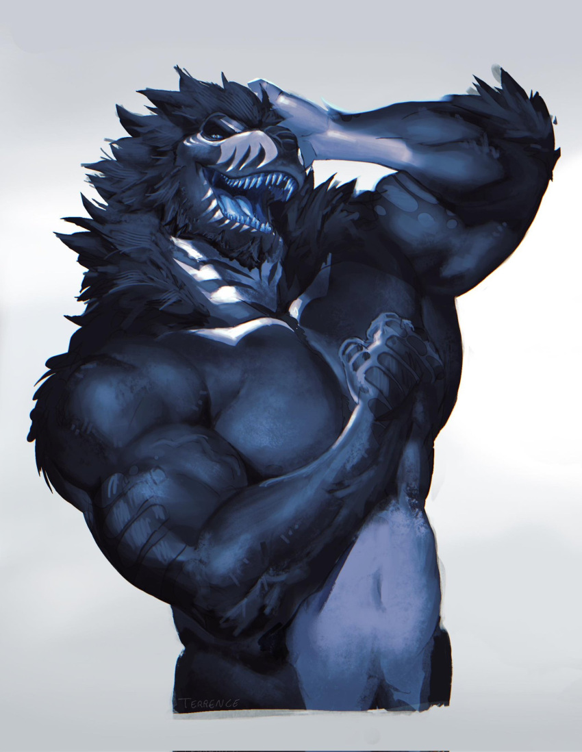 2023 anthro beard black_and_blue chest_markings dinosaur facial_hair facial_markings fist flexing_bicep hair hand_on_head head_markings hi_res looking_at_viewer male markings muscular muscular_anthro muscular_male neck_markings open_mouth pecs reptile scalie sharp_teeth simple_background snout snout_markings solo teeth terrenceart theropod tyrannosaurid tyrannosaurus tyrannosaurus_rex vein veiny_muscles white_background