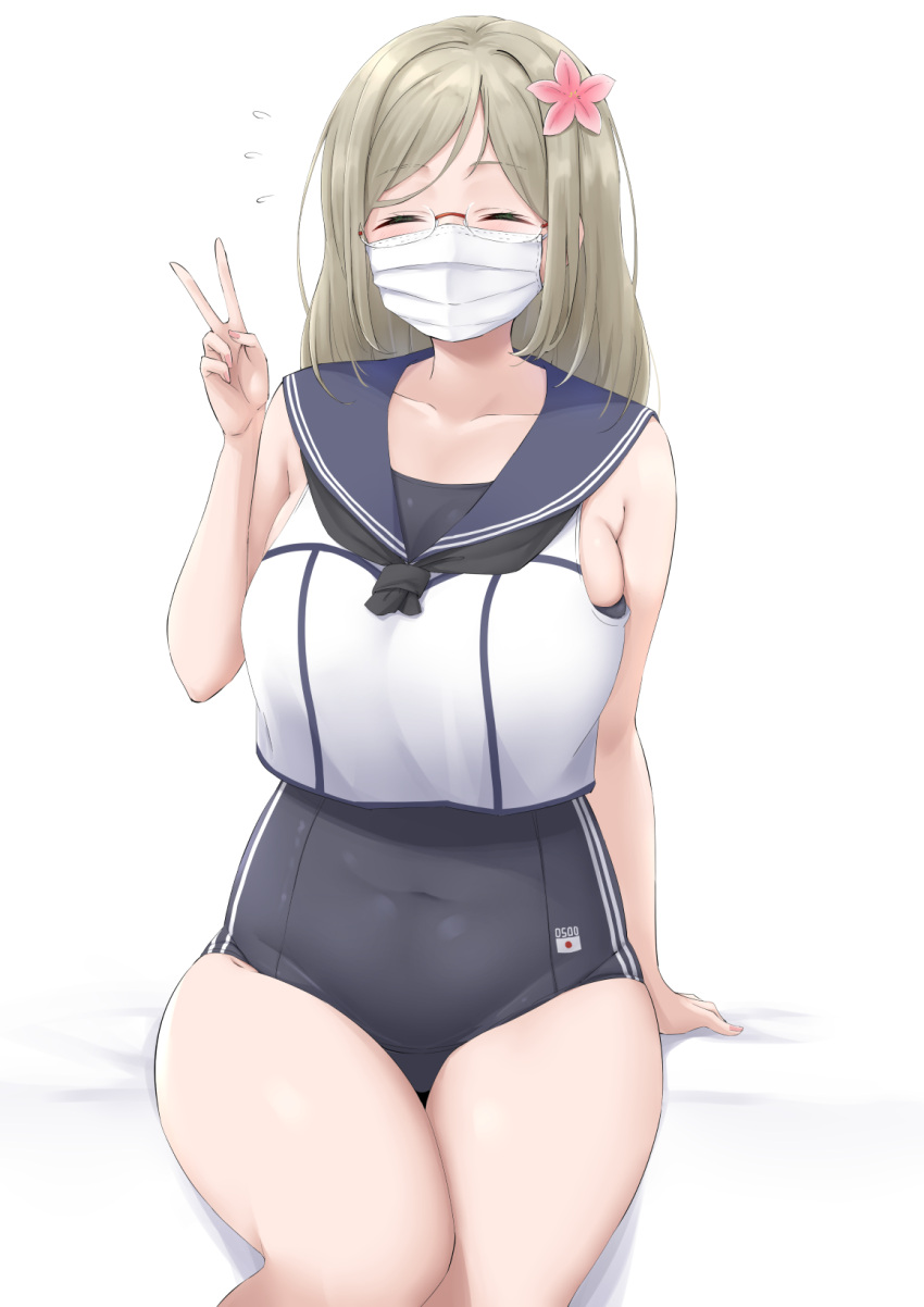 1girl black_neckerchief black_one-piece_swimsuit blue_sailor_collar breasts cosplay crop_top flower glasses grey_hair hair_flower hair_ornament highres kantai_collection katori_(kancolle) large_breasts long_hair mask mouth_mask neckerchief one-piece_swimsuit ro-500_(kancolle) ro-500_(kancolle)_(cosplay) sailor_collar school_swimsuit shirt simple_background sitting sleeveless sleeveless_shirt solo swimsuit takomeshi v white_background white_shirt