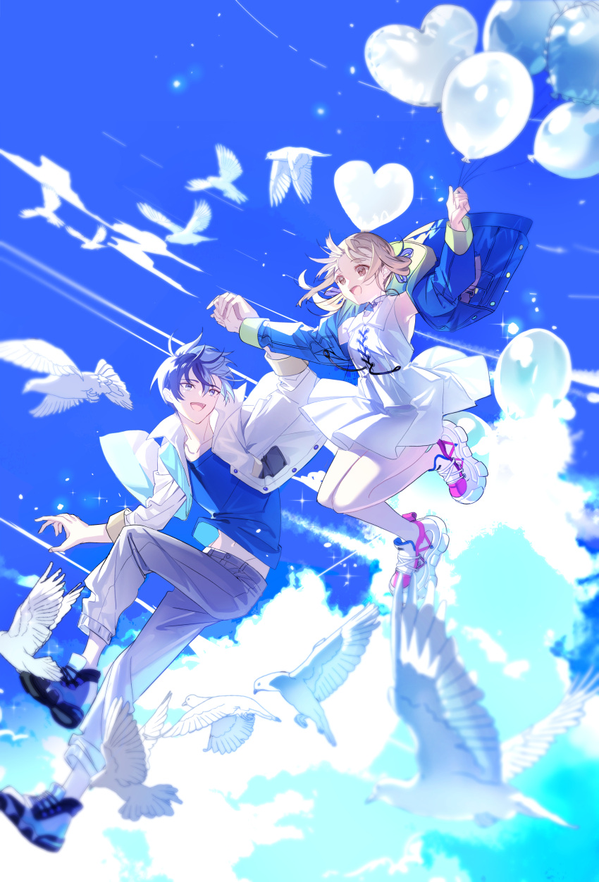 1boy 1girl absurdres aoyagi_touya azusawa_kohane balloon bird blonde_hair blue_hair blue_shirt brown_eyes buttons cloud collared_shirt commentary dark_blue_hair dress full_body grey_eyes heart_balloon highres holding holding_balloon holding_hands hood hood_down jacket legend_still_vivid_(project_sekai) long_sleeves midriff_peek mole mole_under_eye mona0101 multicolored_hair open_clothes open_jacket open_mouth pocket project_sekai shirt short_hair sleeves_past_elbows twintails two-tone_hair white_dress