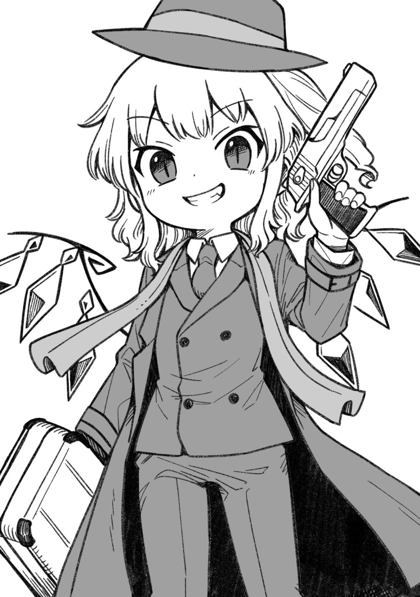 1girl alternate_costume briefcase buttons cowboy_shot crystal double-breasted flandre_scarlet greyscale grin gun hand_up handgun hat highres holding holding_gun holding_weapon jacket long_sleeves looking_at_viewer medium_hair monochrome necktie one_side_up oninamako pants shirt slit_pupils smile solo touhou weapon white_background white_shirt wings