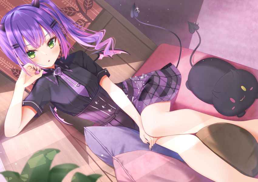 1girl black_nails black_shirt demon_girl demon_horns demon_tail demon_wings divergenceok ear_piercing green_eyes highres hololive horns mini_wings necktie official_alternate_costume piercing purple_hair purple_necktie shirt tail tail_ornament tokoyami_towa tokoyami_towa_(school_uniform) virtual_youtuber wings