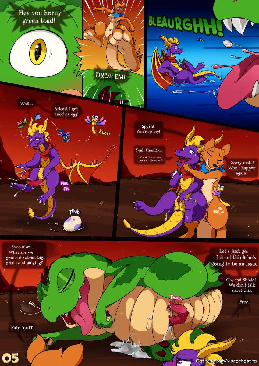 2023 2_penises activision aged_up amphibian animal_genitalia animal_penis anthro anus arthropod attack belly belly_scales blush bodily_fluids butt buzz_(spyro) clitoris close-up comic cum cum_on_self cum_string cumshot detailed_background dragon dragonfly duo duo_focus egg ejaculation embrace end_page english_text eyelashes eyes_closed facial_hair falling feet female feral flying foot_fetish freckles frog genital_fluids genital_slit genitals goatee gradient_background green_body green_scales grid_layout group hemipenes hi_res horn hug insect kangaroo kick knot long_penis macropod male male/female male/male male_focus male_pred male_prey mammal marsupial mountain mouth_play multi_genitalia multi_penis nubbed_penis oviposition page_number panel_overlap panel_skew panel_tilt paws penis pronounced_browridge pull_out pupils purple_body purple_scales pussy questionable_consent red_sky scales scalie scarf sheila_(spyro) simple_background six_frame_grid six_frame_image sky sleeping slit slit_pupils solo_focus sound_effects sparx speech_bubble spyro spyro_the_dragon surprise surprised_expression tail tapering_tail text thick_thighs toes trio violence vore vorechestra yellow_eyes