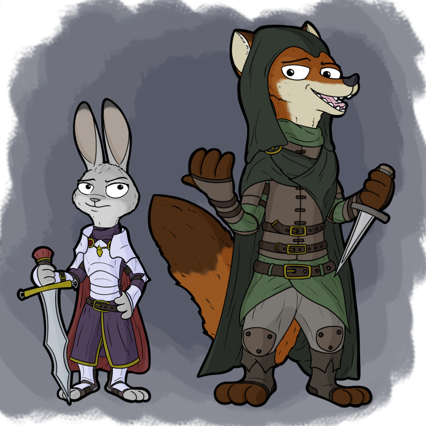 anothercolouranon anthro armor canid canine cape cloak clothing dagger disney duo female fox grey_background hi_res judy_hopps knife lagomorph leporid male mammal melee_weapon nick_wilde rabbit simple_background sword weapon zootopia