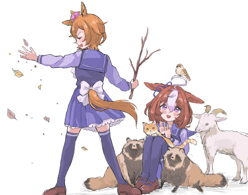 2girls :d ahoge animal animal_ears bird blue_shirt blue_skirt blue_theme blush bow branch brown_footwear brown_hair cat clapping closed_eyes commentary_request crown falling_leaves goat hairband hands_up hane_(yndyug2) highres holding holding_branch horse_ears horse_girl horse_tail knees_up leaf long_sleeves meisho_doto_(umamusume) mini_crown multicolored_hair multiple_girls pink_hairband pleated_skirt profile purple_eyes raccoon shadow shirt shoes simple_background sitting skirt smile standing t.m._opera_o_(umamusume) tail tail_through_clothes two-tone_hair umamusume white_background white_bow white_hair