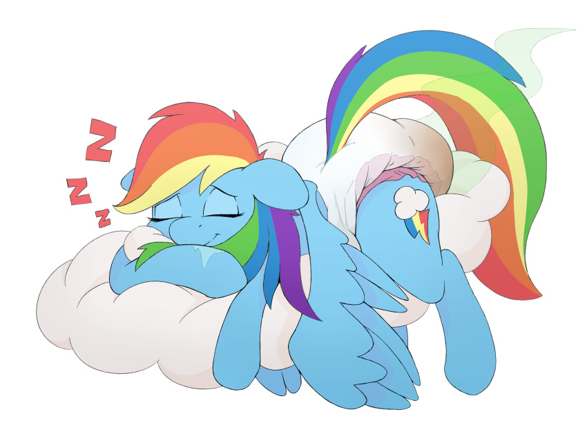 2020 absurd_res blue_body blue_feathers bodily_fluids cloud cutie_mark diaper digital_media_(artwork) drooling equid equine eyes_closed feathered_wings feathers feces female feral friendship_is_magic hair hasbro hi_res mammal messyszop multicolored_hair multicolored_tail my_little_pony pegasus rainbow_dash_(mlp) rainbow_hair rainbow_tail saliva simple_background sleeping smile soiling solo sound_effects tail vowelless vowelless_sound_effect white_background wings zzz