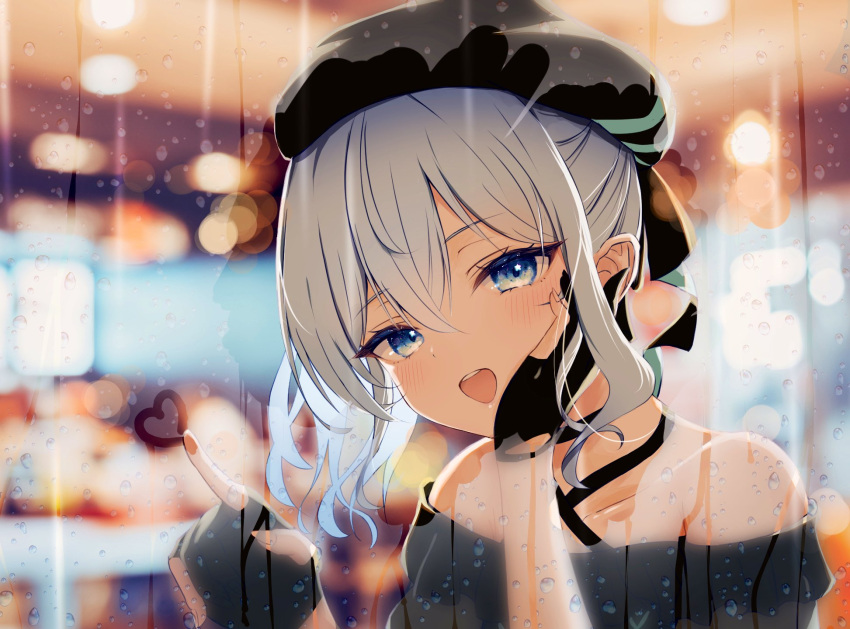 1girl aqua_ribbon beret black_headwear blue_eyes blue_hair blurry blurry_background blush collarbone eyelashes gloves hair_between_eyes hand_on_own_cheek hand_on_own_face hands_up hat hat_ribbon head_rest heart highres hololive hoshimachi_suisei indoors long_hair off-shoulder_shirt off_shoulder open_mouth partially_fingerless_gloves ribbon shirt side_ponytail sidelocks solo star_(symbol) star_in_eye symbol_in_eye teeth totuoooo1015 upper_body upper_teeth_only virtual_youtuber window