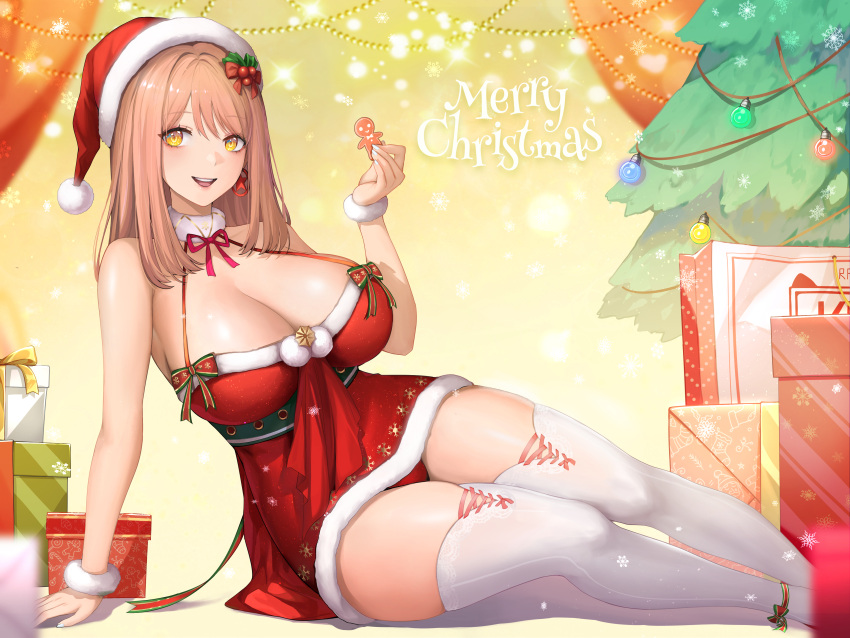 1girl 2r-_(pixiv8168114) absurdres bag bare_shoulders belt black_belt blinking box breasts christmas_tree dress earrings emma_(color_me_red)_(nikke) emma_(nikke) feet_out_of_frame fur-trimmed_dress fur_trim gift gift_box goddess_of_victory:_nikke hands_up hat high_heels highres holding jewelry light_brown_hair long_hair looking_at_viewer neck_ribbon official_alternate_costume open_mouth panties pantyshot pom_pom_(clothes) red_dress red_footwear red_panties red_ribbon ribbon santa_hat sitting sleeveless sleeveless_dress smile snowflakes sparkle teeth thick_thighs thighhighs thighs underwear upper_teeth_only