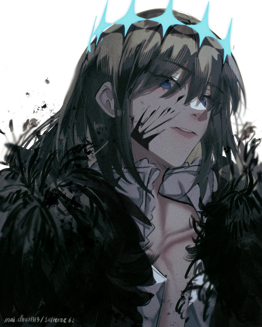 1boy absurdres arthropod_boy black_hair blood blood_on_face blue_eyes cape collarbone collared_shirt crown diamond_hairband fate/grand_order fate_(series) fur-trimmed_cape fur_trim highres looking_at_viewer maidhao male_focus medium_hair no_wings oberon_(fate) oberon_(third_ascension)_(fate) shirt signature simple_background solo upper_body white_background white_shirt