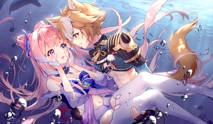1boy 1girl abs absurdres animal_ears armor azusa_(980650076) bare_shoulders blush bow bow-shaped_hair bowtie breasts brown_hair bubble carrying cleavage dog_ears dog_tail fish frilled_sleeves frills genshin_impact gloves gorou_(genshin_impact) green_eyes hands_on_own_face highres light_rays looking_at_another midriff navel ocean paw_print pink_hair princess_carry purple_eyes revision sangonomiya_kokomi scenery short_shorts shorts small_breasts tail thighhighs underwater vision_(genshin_impact) water_drop