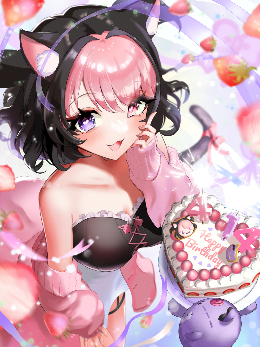 1girl absurdres animal_ear_fluff animal_ears bare_shoulders birthday_cake black_hair blurry blurry_background blurry_edges bow breasts cake cat_ears cat_girl cat_tail commission dress fang food fruit hand_on_own_cheek hand_on_own_face happy_birthday heart heart-shaped_cake heart-shaped_pupils heterochromia highres indie_virtual_youtuber multicolored_hair off_shoulder open_mouth pink_eyes pink_hair pink_sweater purple_eyes solo strapless strapless_dress strawb_(vtuber) strawberry sweater symbol-shaped_pupils tail tail_bow tail_ornament thick_eyelashes two-tone_hair virtual_youtuber yuarima2