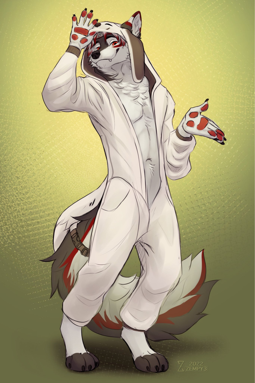 anthro canid canine canis clothing hi_res kiba_(kibawolf33) male mammal onesie onesie_open simple_background solo solo_focus standing wolf zempy3