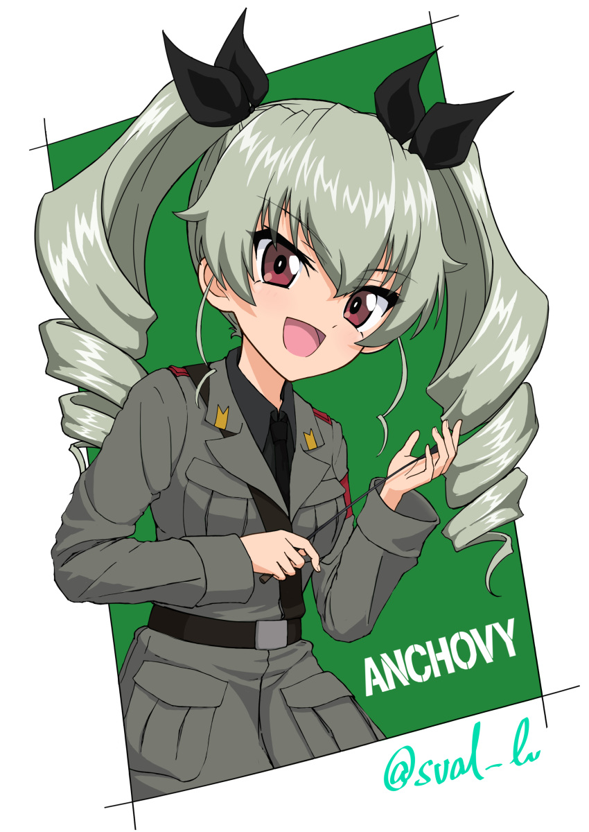 1girl absurdres anchovy_(girls_und_panzer) anzio_military_uniform belt black_belt black_necktie black_ribbon black_shirt character_name commentary drill_hair girls_und_panzer green_hair grey_jacket hair_ribbon highres holding_riding_crop jacket long_sleeves looking_at_viewer military_uniform necktie open_mouth outside_border red_eyes ribbon riding_crop sam_browne_belt shirt smile solo standing svalbaru twin_drills twintails twitter_username uniform upper_body wing_collar