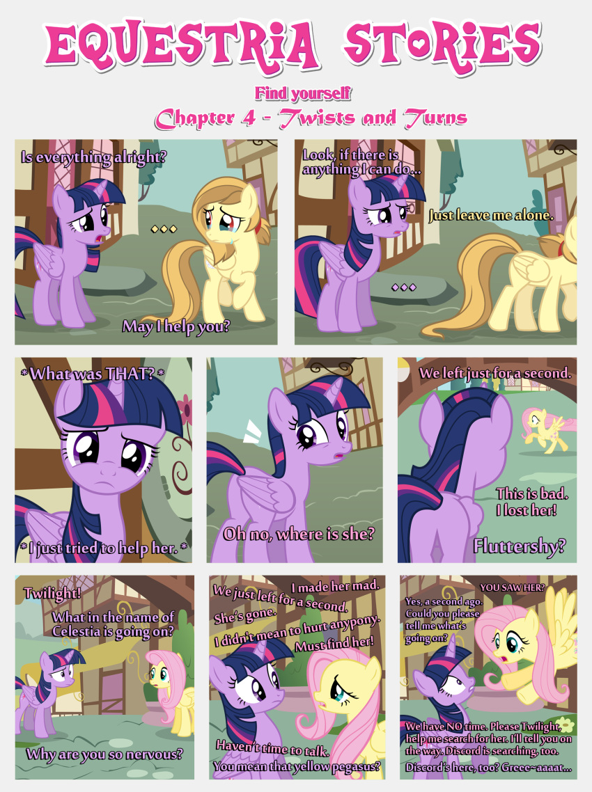 absurd_res alice_goldenfeather_(estories) bangs building dialogue equid equine estories fake_cutie_mark female feral fluttershy_(mlp) flying folded_wings frantic friendship_is_magic frown group hasbro hi_res horn leaving mammal my_little_pony outside pegasus plant ponyville running spread_wings tree trio twilight_sparkle_(mlp) walking wide_eyed winged_unicorn wings