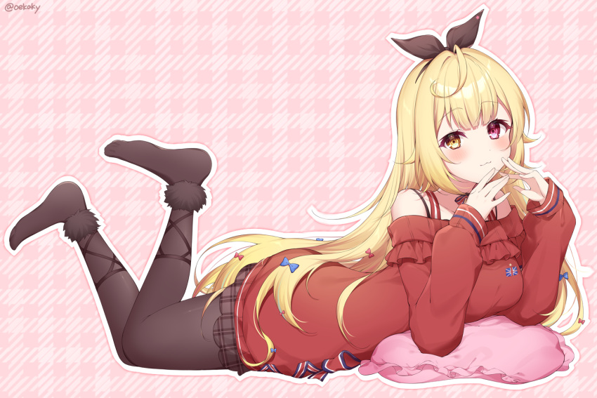 1girl :3 ahoge artist_name bare_shoulders black_hairband black_ribbon blonde_hair blue_bow blush bow breasts brown_pantyhose brown_skirt closed_mouth collarbone commentary_request eyelashes feet_up frilled_sweater frills full_body hair_between_eyes hair_bow hair_intakes hair_ribbon hairband hands_up heterochromia hoshikawa_sara hoshikawa_sara_(2nd_costume) long_hair long_sleeves looking_at_viewer lying medium_breasts multiple_hair_bows neck_ribbon nijisanji off-shoulder_sweater off_shoulder official_alternate_costume on_stomach outline pantyhose pillow pink_background plaid plaid_background plaid_skirt red_bow red_eyes red_sweater ribbon sidelocks simple_background skirt sleeves_past_wrists smile solo striped striped_ribbon sweater twitter_username union_jack very_long_hair virtual_youtuber white_outline yellow_eyes zky_(oekaky)