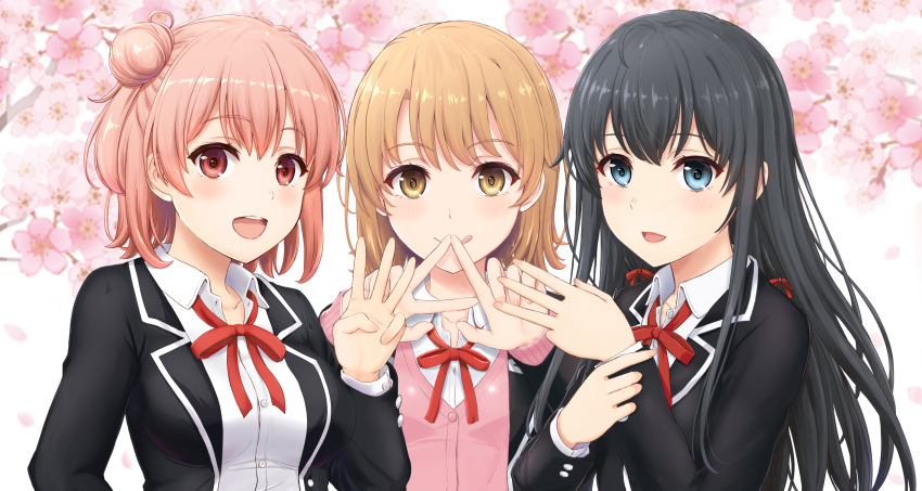 3girls :d :q black_hair black_jacket blazer blue_eyes blush brown_eyes brown_hair cardigan closed_mouth collarbone collared_shirt commentary_request hair_bun hair_ribbon highres inanaki_shiki isshiki_iroha jacket long_hair long_sleeves looking_at_viewer medium_hair multiple_girls neck_ribbon open_clothes open_jacket open_mouth pink_cardigan pink_hair red_ribbon ribbon school_uniform shirt short_hair sidelocks single_side_bun smile sobu_high_school_uniform tongue tongue_out upper_body white_shirt winter_uniform yahari_ore_no_seishun_lovecome_wa_machigatteiru. yuigahama_yui yukinoshita_yukino