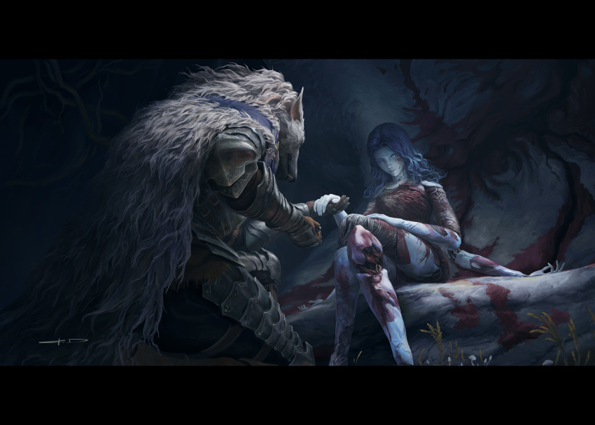 1boy 1girl armor blaidd_the_half-wolf blood blood_on_arm blood_on_face blue_eyes blue_hair blue_skin breastplate cape cave_interior closed_eyes colored_skin commentary cracked_skin crossed_legs doll_joints elden_ring extra_arms feet_out_of_frame fur_cape furry furry_male gauntlets glowing glowing_eye greaves grey_fur hand_on_hand highres injury jewelry joints letterboxed medium_hair mixed-language_commentary mushroom on_one_knee one_eye_closed plant ranni_the_witch realistic ring sitting stanton_feng tusks wavy_hair