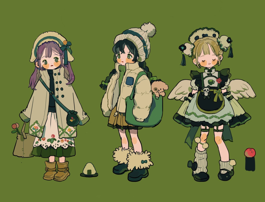 3girls angel_wings apple apron asymmetrical_legwear back_bow bag belt belt_buckle black_hair black_sweater blonde_hair blush_stickers bonnet boots bow bow_legwear braid bridal_garter brown_belt brown_footwear brown_skirt buckle bun_cover buttons child chinese_clothes closed_eyes closed_mouth coat collared_coat commentary detached_sleeves dog double_bun dress english_commentary eyelashes fashion food frilled_apron frilled_dress frilled_sleeves frills fruit fur-trimmed_boots fur_trim green_apron green_background green_bag green_bow green_coat green_dress green_eyes green_footwear green_garter green_headdress green_skirt green_sweater green_theme hair_bow hair_bun hair_ornament hat hat_bow headdress high_collar highres kneehighs lace_skirt layered_skirt leg_belt long_hair long_skirt long_sleeves looking_ahead low_twin_braids mary_janes miniskirt multiple_girls onigiri open_clothes open_coat original parted_lips pleated_skirt pom_pom_(clothes) puffy_long_sleeves puffy_short_sleeves puffy_sleeves puppy purple_hair putong_xiao_gou red_lips shoes short_dress short_hair short_sleeves simple_background single_kneehigh single_sock skirt sleeves_past_fingers sleeves_past_wrists smile socks straight-on straight_hair striped striped_socks sweater tassel tassel_hair_ornament tote_bag turtleneck turtleneck_sweater twin_braids twintails vertical-striped_socks vertical_stripes waist_bow white_headwear white_wings wide_sleeves wings