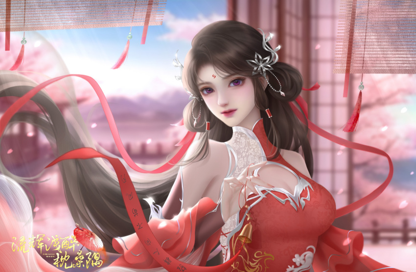 1girl absurdres artist_request beads bell blue_sky cherry_blossoms chest_cutout chinese_clothes cloud detached_sleeves dress facial_mark falling_petals forehead_mark hair_beads hair_ornament highres huo_linger_(wanmei_shijie) mountain outdoors petals purple_eyes railing red_dress second-party_source sky solo two-tone_dress wanmei_shijie windowsill