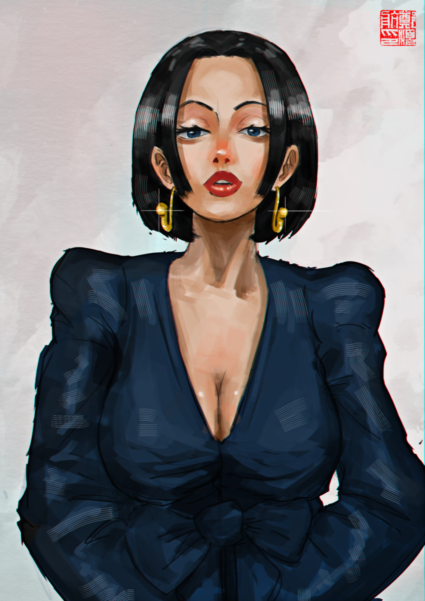 1girl absurdres aliasartworks black_hair blue_eyes blue_shirt boa_hancock earrings english_commentary grey_background highres jewelry looking_at_viewer one_piece red_lips shirt short_hair simple_background solo upper_body