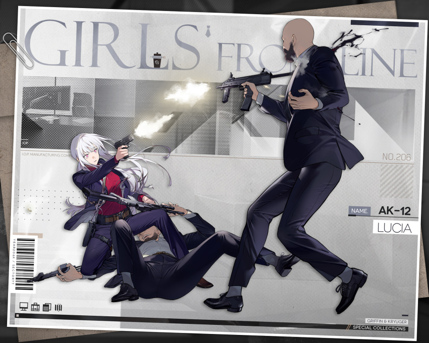 1girl 2boys ak-12 ak-12_(girls'_frontline) ak-12_(lucia)_(girls'_frontline) assault_rifle barcode beard belt black_footwear black_jacket black_pants blood brown_footwear business_suit commentary duoyuanjun english_commentary facial_hair fighting firing formal girls'_frontline grey_hair gun h&amp;k_mp7 handgun henchmen highres holding holding_gun holding_weapon holster jacket kalashnikov_rifle kneeing long_hair long_sleeves looking_at_another multiple_boys muzzle_flash necktie office_lady official_alternate_costume official_art open_hand open_mouth pants paperclip parted_lips pink_eyes promotional_art red_shirt rifle second-party_source shirt shoes snap-fit_buckle socks standing standing_on_one_leg submachine_gun suit sunglasses unusually_open_eyes very_long_hair weapon white_necktie white_socks