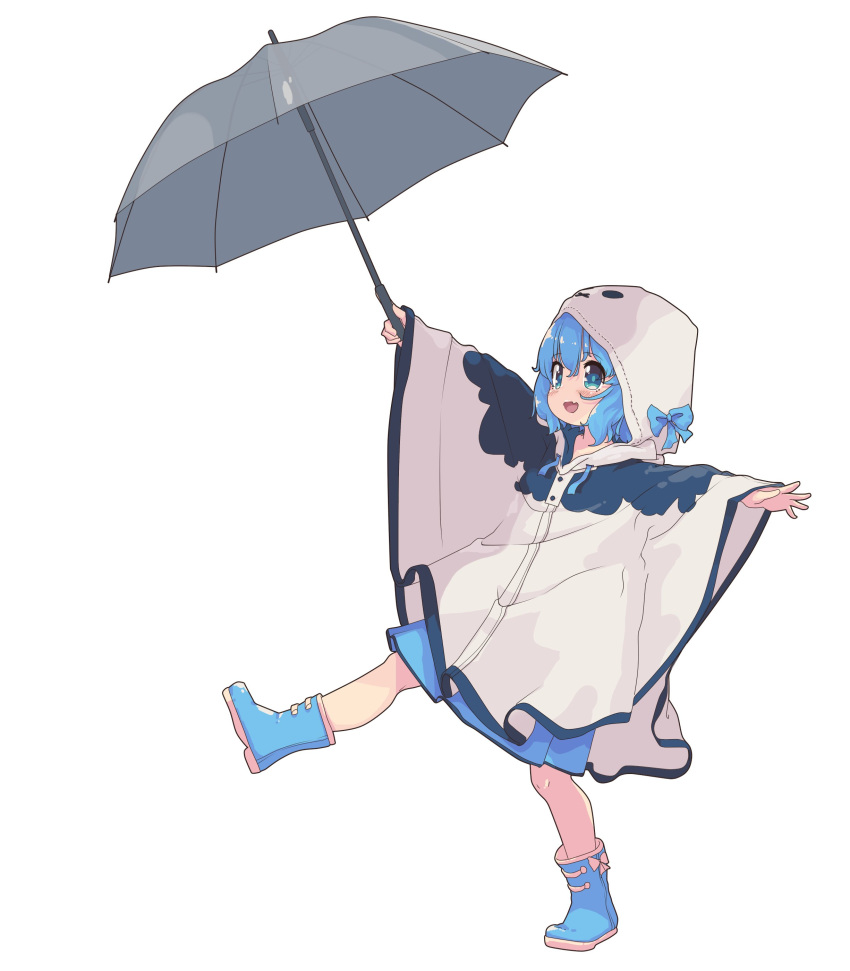 1girl :d absurdres aoi_tori blue_bow blue_eyes blue_footwear blue_hair bow coat full_body grey_umbrella highres holding holding_umbrella looking_at_viewer open_mouth original raincoat short_hair simple_background smile solo teru-chan_(aoi_tori) umbrella white_background white_coat