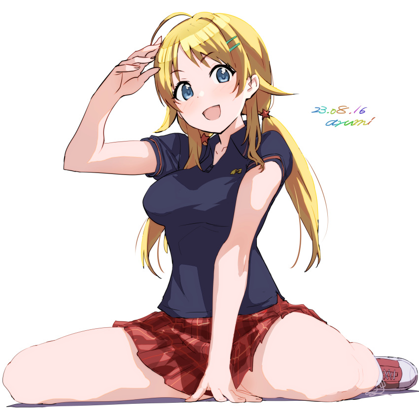 1girl :d ahoge artist_name baba_arumi black_shirt blonde_hair blue_eyes breasts collared_shirt commentary_request hachimiya_meguru hair_ornament hairclip highres idolmaster idolmaster_shiny_colors large_breasts long_hair looking_at_viewer low_twintails plaid plaid_skirt red_skirt shirt short_sleeves simple_background skirt smile solo star_(symbol) star_hair_ornament twintails white_background