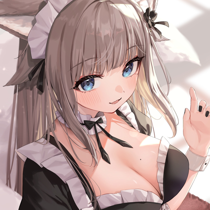 1girl animal_ears black_nails blue_eyes blunt_bangs blush borrowed_character breasts cat_ears choker cleavage commentary commission dress eyeshadow frilled_choker frilled_dress frills hand_up highres large_breasts light_brown_hair long_hair looking_at_viewer maid_headdress makeup mole mole_on_breast mole_under_eye original parted_lips pink_eyeshadow setokane short_sleeves sidelocks skeb_commission smile solo two-tone_dress upper_body wrist_cuffs
