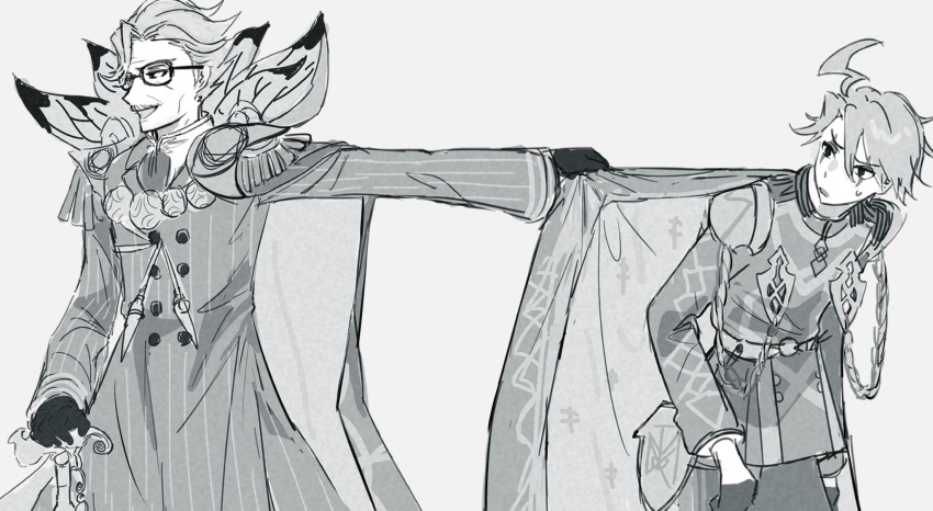 2boys ahoge cape clothes_pull epaulettes facial_hair fate/grand_order fate_(series) glasses gloves greyscale hair_between_eyes highres jacket james_moriarty_(archer)_(fate) james_moriarty_(ruler)_(fate) kaigan0211 long_sleeves male_focus monochrome multiple_boys open_mouth pants pulled_by_another simple_background sketch sweat