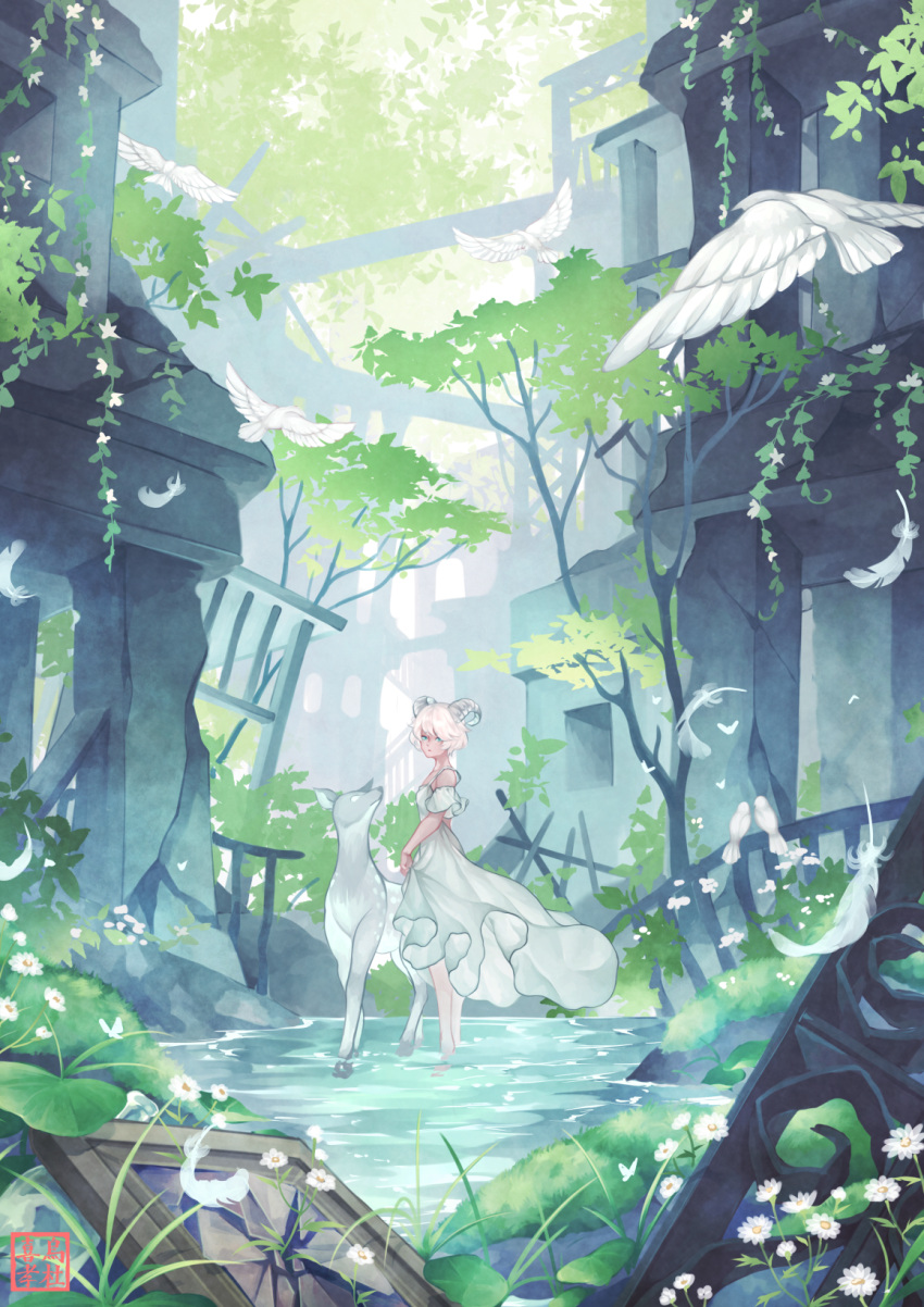 1girl aqua_eyes bird broken_mirror building curled_horns daisy deer detached_sleeves dove dress expressionless falling_feathers feet_out_of_frame flower grass highres horns looking_to_the_side mirror moss nejimaki_oz original parted_lips plant railing rock ruins short_hair short_sleeves skirt_hold sleeveless sleeveless_dress solo spaghetti_strap standing tree vines wading water white_dress white_flower white_hair wispy_bangs