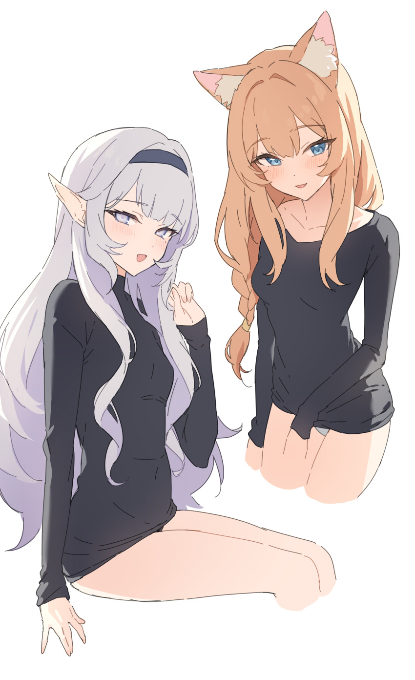 2girls absurdres animal_ear_fluff black_hairband black_shirt blue_archive blue_eyes blunt_bangs blush braid breasts collarbone commentary_request dot_nose hair_behind_ear hair_over_shoulder hairband hand_up highres himari_(blue_archive) invisible_chair legs long_hair long_sleeves looking_at_viewer low-tied_long_hair mari_(blue_archive) medium_breasts mole mole_under_eye multiple_girls no_pants open_mouth orange_hair panties pointy_ears purple_eyes shirt simple_background single_braid sitting small_breasts swept_bangs teti thighs tongue turtleneck underwear white_background white_panties