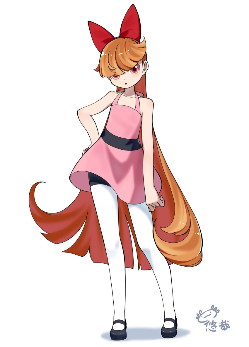 1girl :o akazutsumi_momoko bare_arms bare_shoulders black_footwear bow chinese_commentary collarbone dress flat_chest full_body hair_bow hand_on_own_hip highres legs_apart long_hair looking_at_viewer mary_janes open_mouth orange_hair pantyhose pink_dress pink_eyes powerpuff_girls_z red_bow shadow shoes simple_background solo standing very_long_hair white_background white_pantyhose youzaiyouzai112