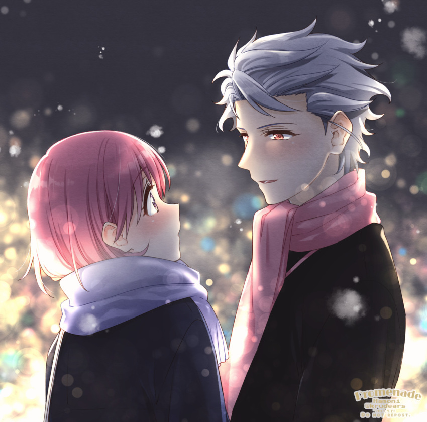 1boy 1girl artist_name black_coat blurry blurry_background blush bob_cut bokeh coat couple dated depth_of_field grey_hair hetero highres krudears looking_at_another parted_lips pink_hair pink_scarf protagonist_(tokimemo_gs3) purple_eyes purple_scarf red_eyes scarf shitara_seiji short_hair tokimeki_memorial tokimeki_memorial_girl's_side_3rd_story twitter_username upper_body