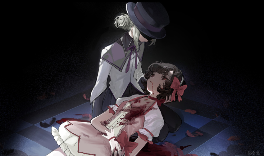 2girls a_ye_(abadonnn) akemi_homura akemi_homura_(cosplay) artist_name black_hair black_headwear black_skirt blood blood_from_mouth bow bow_choker chinese_commentary choker commentary_request cosplay death dress frilled_skirt frills gloves grey_hair hair_bow hairband hat highres kaname_madoka kaname_madoka_(cosplay) long_sleeves lying_on_lap magical_girl mahou_shoujo_madoka_magica mahou_shoujo_madoka_magica_(anime) medium_hair multiple_girls neck_ribbon no_eyes pink_bow pink_dress pleated_skirt puffy_short_sleeves puffy_sleeves purple_ribbon red_choker red_eyes reverse:1999 ribbon schneider_(reverse:1999) seiza shaded_face short_hair short_sleeves signature sitting skirt spoilers third-party_edit top_hat vertin_(reverse:1999) white_gloves white_skirt white_sleeves