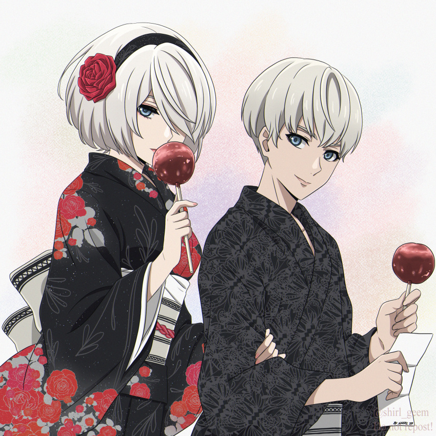 1boy 1girl black_hairband black_kimono blue_eyes candy_apple closed_mouth eyebrows_hidden_by_hair floral_print flower food grey_hair hair_flower hair_ornament hair_over_one_eye hairband highres holding holding_food japanese_clothes kimono long_sleeves looking_at_viewer medium_hair nier:automata nier_(series) no_blindfold print_kimono red_flower red_rose rose shirl_geem short_hair smile wide_sleeves yorha_no._2_type_b yorha_no._9_type_s